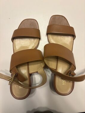Michael Kors Cognac Tan Leather Double-Strap Sandals with Block Heel & Buckle